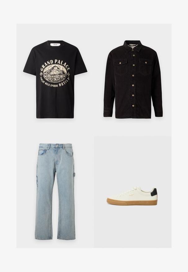 Camisa chaqueta de pana negra con un cierre de botones en la parte delantera, dos bolsillos en el pecho y detalles en botones metálicos. Presenta un collar clásico y mangas largas.; Camiseta de algodón negra con un estampado gráfico en beige de una montaña y texto que dice "Grand Palace Replay Belle Epoque Hotel". Diseño sencillo de cuello redondo.; Pantalones cargo de mezclilla azul claro con un corte relajado, que cuentan con bolsillos laterales, un diseño de pierna recta y detalles de costura visibles.; Zapatilla de lona blanca con suela de goma, acento negro en el talón, punta redonda y diseño con cordones. Presenta el logo de la marca en dorado en el lateral.