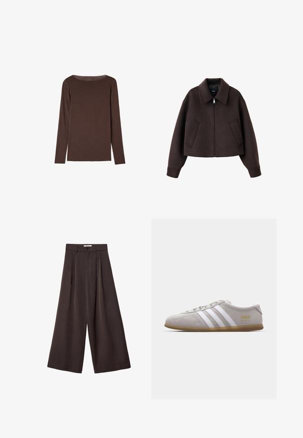 Mørkebrun cropped jakke med krave, lynlås foran og to skrå forlommer, vist på en hvid baggrund.; Brun langærmet T-shirt med rund hals, enkel og tætsiddende design uden synlige mønstre eller logoer.; Bukser med vidde i mørkebrun stof, med plisseringer, knaplukning og en glat tekstur; ankel-længde med et skræddersyet design.; Grå suedestøvle med hvide læderstriber og guldlogo-detalje. Flad gummisål, rund tå og klassisk snølukkedesign.