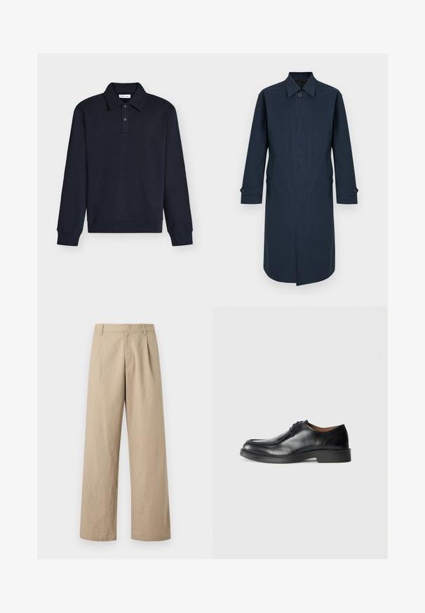 Trench-coat pour homme, bleu marine foncé, à simple boutonnage, col pointu, poignets boutonnés et boutons avant dissimulés, présenté sur un fond blanc.; Polo manches longues bleu marine foncé avec col et deux boutons sur la patte, poignets et ourlet en côte, présenté sur fond blanc.; Pantalon beige à jambes larges avec passants de ceinture, fermeture éclair devant, et plis, présenté sur fond blanc.; Chaussure de ville en cuir noir avec un bout arrondi, surface lisse, détails en dentelle et une semelle en caoutchouc texturée basse. Lignes épurées et design minimal.