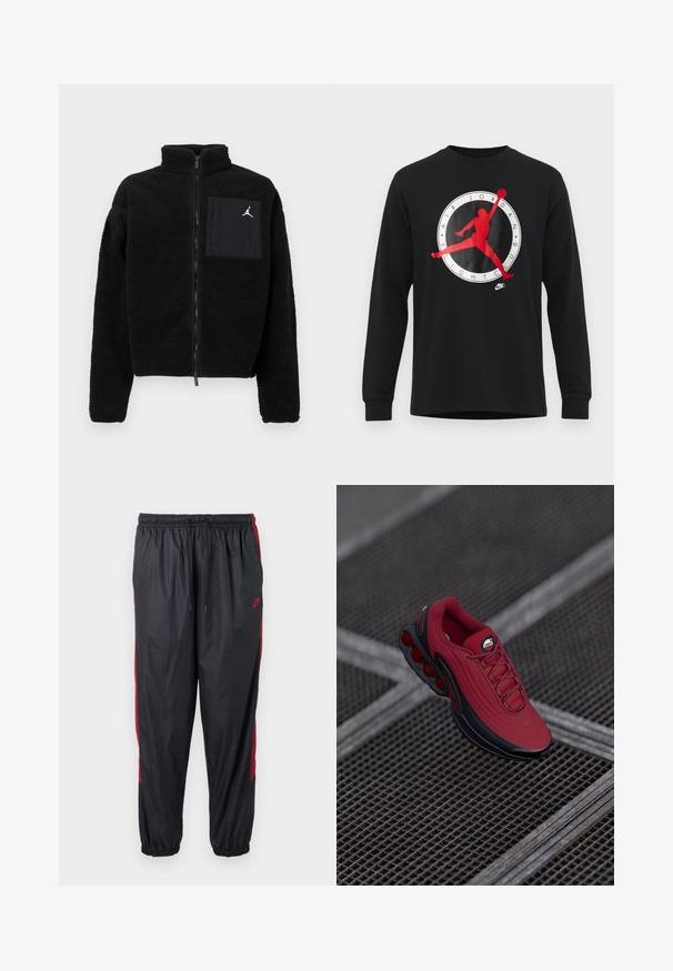 Zwarte fleece jack met een hoge kraag, volledige rits en een voorkant zak. Beschikt over een wit Jordan-logo op de zak. Zacht, gestructureerde stof.; Zwarte long-sleeve shirt met een groot rood en wit Air Jordan-logo, met in het midden een silhouet van een speler die dunkt.; Zwarte Nike hardloopbroek met rode zijkstrepen, elastische tailleband met trekkoord en elastische boorden.; Rode sneaker met een gestructureerde bovenkant, voorzien van zwarte accenten en een opvallend ontwerp van luchtkussensole. Veters en logo zijn zichtbaar aan de bovenkant.