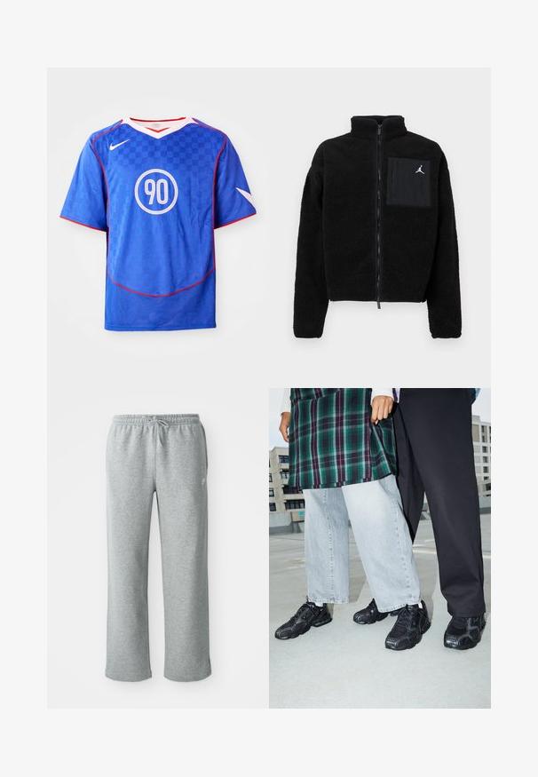 Sort fleecejakke med høj krave, fuld lynlås og frontlomme. Har et hvidt Jordan-logo på lommen. Blødt, tekstureret stof.; Blå Nike fodboldtrøje med ternet mønster, korte ærmer, v-hals design, hvide accenter og et centralt cirkulært "90" grafik.; Grå bomulds sweatpants med elastisk talje, snorelukning og lige ben. Har et lille logo på den øverste venstre side.; Sorte atletik sko med mesh- og gummidetaljer. Båret med lysegrå vide jeans og en ternet grøn bluse. Flad overflade i baggrunden.