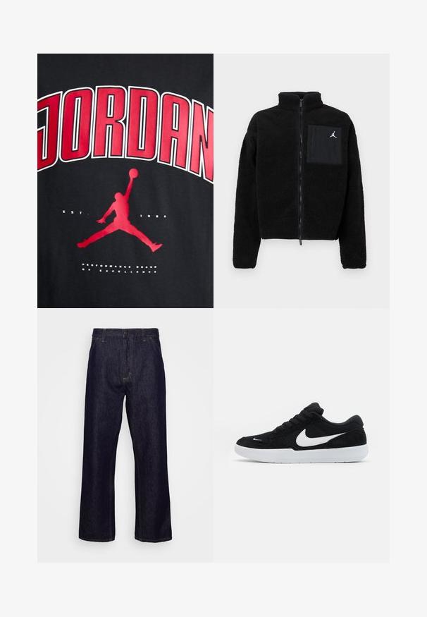 Chaqueta de forro polar negra con cuello alto, cremallera completa y un bolsillo frontal. Presenta un logo de Jordan en blanco en el bolsillo. Tela suave y con textura.; Camiseta negra con el texto en rojo "JORDAN" en negrita, la silueta de una figura saltando y "EST. 1984" en blanco debajo del gráfico.; Jeans de mezclilla de pierna recta en azul oscuro con bolsillos frontales, trabillas para el cinturón, cierre de cremallera y botón, mostrados sobre un fondo blanco liso.; Zapatillas de ante negras con acentos blancos, con una puntera redondeada, suela blanca gruesa y cordones negros. Logotipo de Nike en blanco prominente en el costado.
