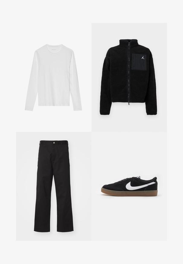 Chaqueta de forro polar negra con cuello alto, cremallera completa y un bolsillo frontal. Presenta un logo de Jordan en blanco en el bolsillo. Tela suave y con textura.; Camiseta blanca de manga larga hecha de algodón suave, con cuello redondo y una textura lisa sin patrones ni detalles visibles.; Pantalones negros de tela duradera con un corte recto, que presentan un cierre frontal con botón, passadores para cinturón y sin patrones o acentos visibles.; Zapatillas de skate de ante negro con el logotipo de Nike en blanco, puntera redonda y suela de goma. Presentan un diseño con cordones planos y un collar acolchado.
