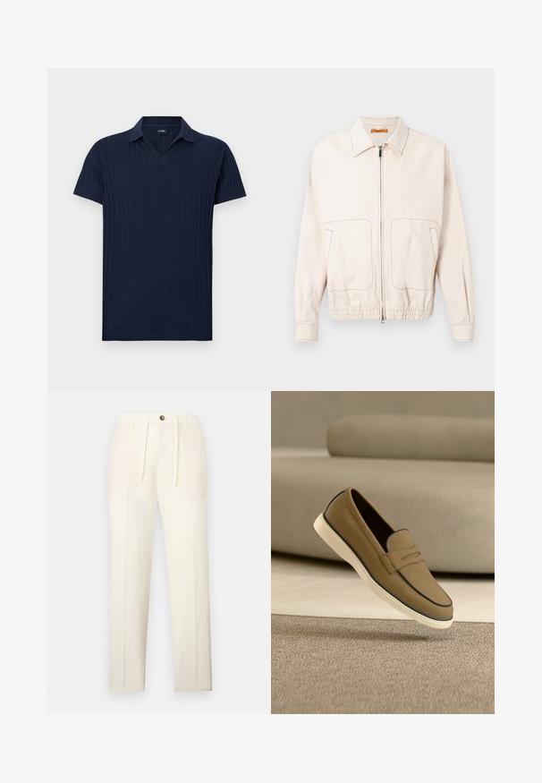 Beige vetoketjullinen takki, jossa on kaulusrima, kaksi suurta etutaskua, elastinen helma ja kontrastivärisiä ruskeita ompelupistoja.; Merimetsopaita, jossa on V-pääntie, lyhyet hihat ja sileä pinta. Ominaisuuksia ovat yksivärisyys ilman kuvioita tai metalliosia.; Off-white suoralahkeiset housut, joissa on joustava vyötärönauha, nappisuljenta ja edessä nyöritys.; Vaaleanruskea mokkanahkainen loaferi, jossa on valkoinen pohja, leijuu beigeä mattoa vasten, taustalla on neutraalin sävyinen sohva epätarkkana.
