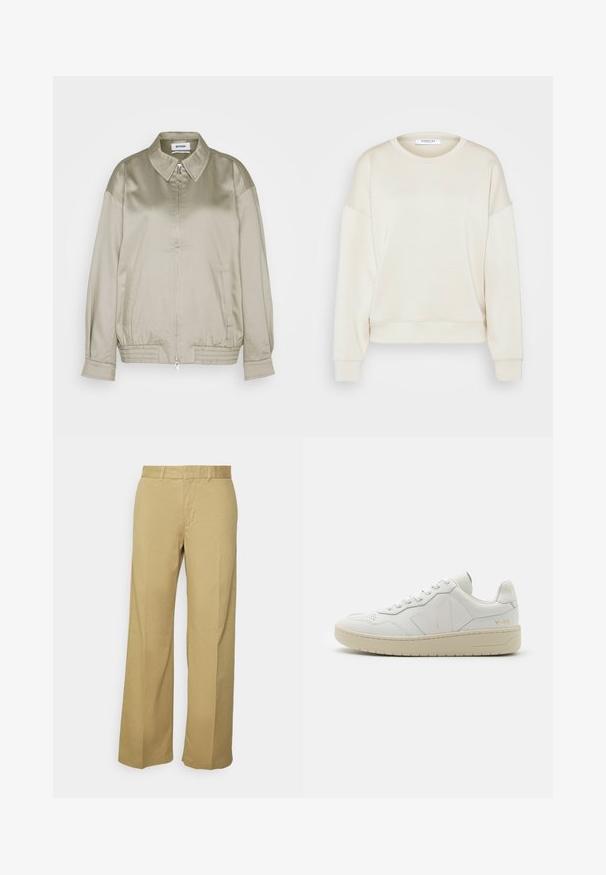 Weekday KLARA JACKET - Μπουφάν τύπου bomber - mole dusty light; MSCH Copenhagen SWEATSHIRT - Φούτερ - oatmeal; Χακί παντελόνι σε φαρδιά γραμμή, κατασκευασμένο από ελαφρύ μείγμα βαμβακιού, που διαθέτει φερμουάρ και θηλιές για ζώνη. Λείος υφάσματος με καθαρό φινίρισμα.; Λευκά δερμάτινα sneakers με περασμένη τρύπα στον μπροστινό τομέα, αντίθετη μπεζ καουτσούκ σόλα και λογότυπο στα πλάγια και στη φτέρνα. Μινιμαλιστικός σχεδιασμός.