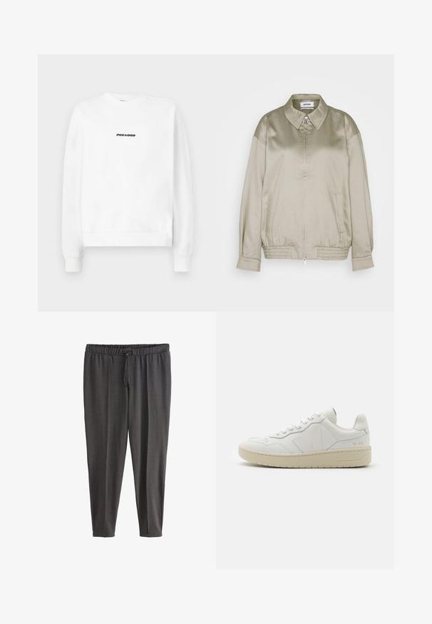 Weekday KLARA JACKET - Bombera - mole dusty light; Biela mikina s okrúhlym výstrihom a dlhými rukávmi. Na prednej strane sa nachádza čierny logo "PEGADOR" uprostred. Mäkká textúra látky.; Tmavosivé casual nohavice s elastickým pásom a šnúrkou, zúžené nohavice, vyrobené z mäkkej látky.; Biele kožené tenisky s perforovanou špičkou, kontrastnou béžovou gumovou podrážkou a logovými akcentmi na boku a päte. Minimalistický dizajn.