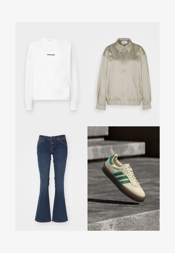 Weekday KLARA JACKET - Bombera - mole dusty light; Biela mikina s okrúhlym výstrihom a dlhými rukávmi. Na prednej strane sa nachádza čierny logo "PEGADOR" uprostred. Mäkká textúra látky.; Modré riflové nohavice s rozšírenými nohavicami, vyrobené z bavlny, s stredne vysokým pásom, dizajnom s piatimi vreckami a kontrastným prešívaním pozdĺž švov.; Tenisová obuv krémovej farby so zelenými akcentmi, tromi zelenými pruhmi, textúrovanou gumovou podrážkou a klasickým šnurovaním. Na boku logo "Samba".
