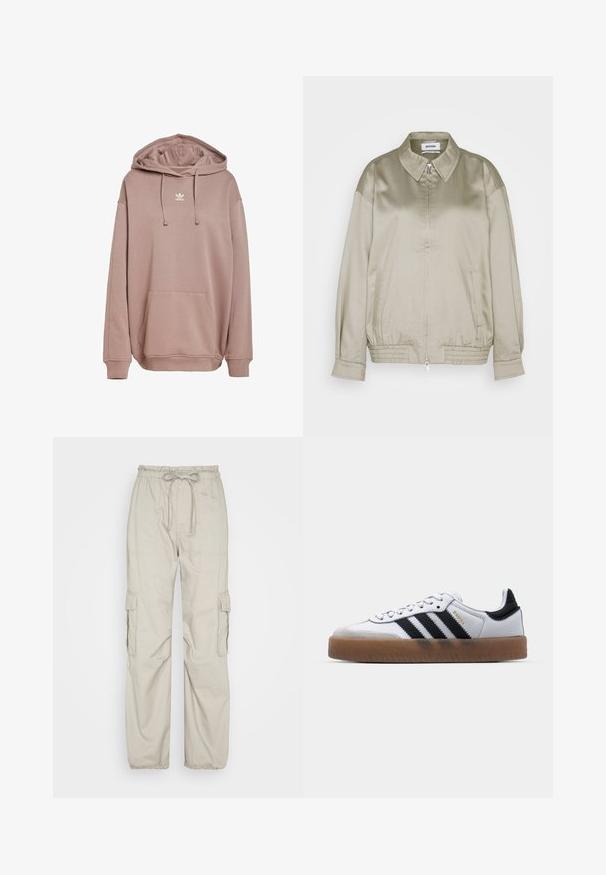 Weekday KLARA JACKET - Bomber-jakk - mole dusty light; Pehmeast materjalist tuulega kapuutsiga roosakas pullover. Omab eesmist taskut, reguleeritavat kapuutsi ja valget logo rinnal.; Abercrombie & Fitch TIE WAIST BAGGY PANT - Kargopüksid - porpoise; Valged nahast tossud mustade triipudega, kummist välistald, ümmargune nina, seotud sulgemine ja pehme hall suede ninaosa.