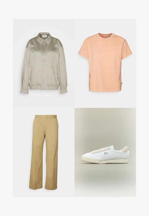 Weekday KLARA JACKET - Bombera - mole dusty light; Svetlý broskyňový tričko s krátkym rukávom z jemnej textúrovanej tkaniny, s okrúhlym výstrihom a malou nálepkou na dolnej ľavej strane.; Khaki široké nohavice vyrobené z ľahkej zmesi bavlny, s krytým zipsom a pútkami na opasok. Hladká textúra s čistým zakončením.; Biele kožené tenisky s béžovým semišovým detailom. Majú zaoblenú špičku, ploché šnúrky a štruktúrovanú podrážku. Na boku je logo Lacoste.