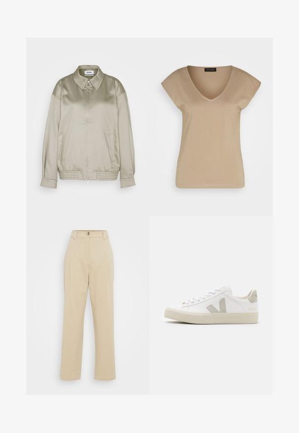 Weekday KLARA JACKET - Bombera - mole dusty light; Béžové tričko s výstrihom do V a krátkymi rukávmi, vyrobené z mäkkého materiálu. Má jednoduchý dizajn bez vzorov alebo akcentov.; Béžové nohavice s vysokým pásom, prednými záhybmi a malým kovovým gombíkom. Vyrobené z hladkej tkaniny s priamymi, voľne padnúcimi nohami.; Biele tenisky vyrobené z kože s šedými akcentmi vo forme V loga, textúrovaná gumová podrážka, biele šnúrky a polstrovaný jazyk a golier.