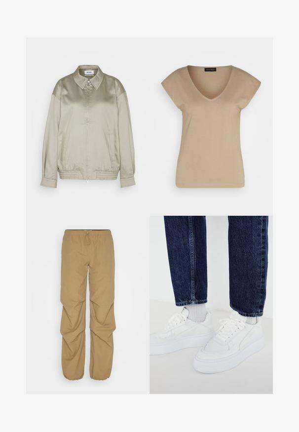 Weekday KLARA JACKET - Μπουφάν τύπου bomber - mole dusty light; Μπεζ T-shirt με V λαιμόκοψη και κοντά μανίκια, φτιαγμένο από μαλακό υλικό. Διαθέτει απλό σχέδιο χωρίς μοτίβα ή διακοσμητικά.; JDY JDYZOLA PARACHUTE PANT - Παντελόνι - lead gray; Λευκά αθλητικά παπούτσια με υφασμάτινο σχέδιο και παχιές σόλες, συνδυασμένα με ανοιχτό γκρι ριμπ κάλτσες και σκούρο μπλε τζιν παντελόνι.