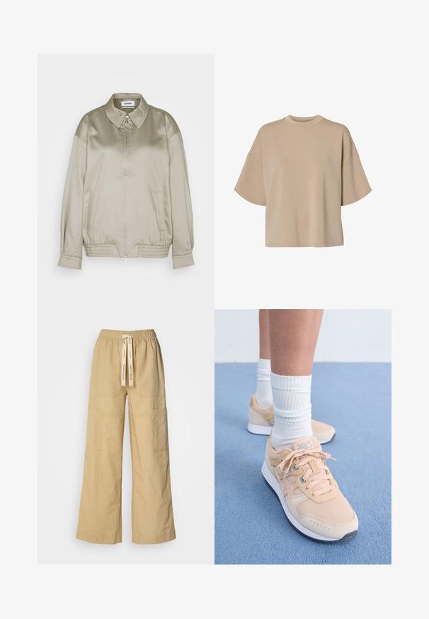 Weekday KLARA JACKET - Μπουφάν τύπου bomber - mole dusty light; Μπεζ φαρδιά κοντομάνικη μπλούζα με στρογγυλή λαιμόκοψη και χαμηλωμένους ώμους, παρουσιάζεται σε λευκό φόντο.; Μπεζ παντελόνι σε γραμμή wide-leg, φτιαγμένο από απαλή ύφανση, διαθέτει ελαστική μέση με κορδόνι, πλαϊνές τσέπες και άνετη εφαρμογή.; Αθλητικά παπούτσια σε ανοιχτό ροδάκινο χρώμα με υφασμάτινο άνω μέρος, λευκή καουτσούκ σόλα και σχέδιο με κορδόνια. Συνδυασμένα με πλισέ λευκές κάλτσες και τοποθετημένα σε μπλε επιφάνεια.