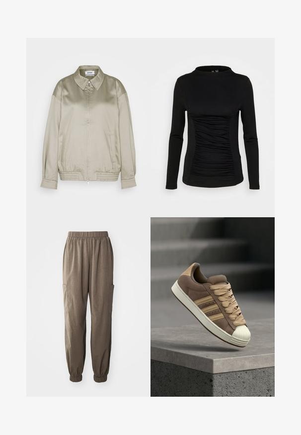 Weekday KLARA JACKET - Μπουφάν τύπου bomber - mole dusty light; Pieces PCMAXA MOCK NECK - Μπλούζα με μακριά μανίκια - black; Χαλαρές cargo παντελόνες από καφέ ύφασμα, με ελαστική μέση, ραμμένα μανίκια και πλαϊνές τσέπες για λειτουργικότητα.; Καφέ σουέντ αθλητικό παπούτσι χαμηλού πάνω μέρους με μπεζ λεπτομέρειες, κρεμ λαστιχένιο κάλυμμα στα δάχτυλα και μπεζ κορδόνια. Τρεις παράλληλες ρίγες στο πλάι.