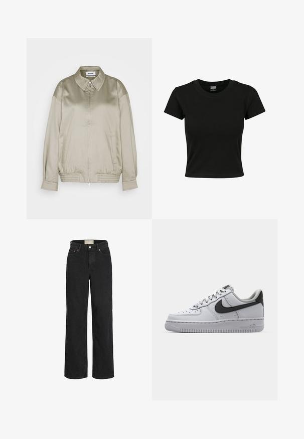 Weekday KLARA JACKET - Blouson Bomber - mole dusty light; T-shirt noir à manches courtes en coton lisse, avec un col rond et une coupe ajustée. Aucun motif ou accent visible.; Jean noir taille haute, coupe droite, avec bouton et fermeture éclair devant, passants de ceinture et design à cinq poches.; Sneaker en cuir blanc avec accents gris, bout rond, surface texturée, col rembourré et logo swoosh noir contrastant. Semelle avec coussin d'air.