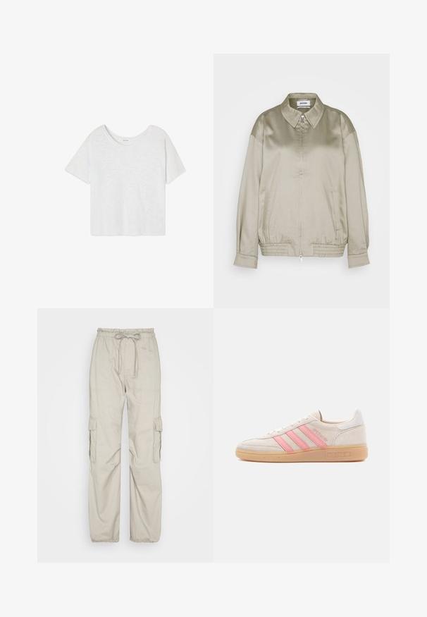 Weekday KLARA JACKET - Chaquetas bomber - mole dusty light; Camiseta corta blanca lisa de manga corta con cuello redondo, exhibida sobre un fondo blanco.; Abercrombie & Fitch TIE WAIST BAGGY PANT - Pantalones cargo - porpoise; Zapatilla de ante beige con tres franjas rosas en el lateral. Cuenta con una suela de goma texturizada y un detalle blanco en el talón. Diseño minimalista.