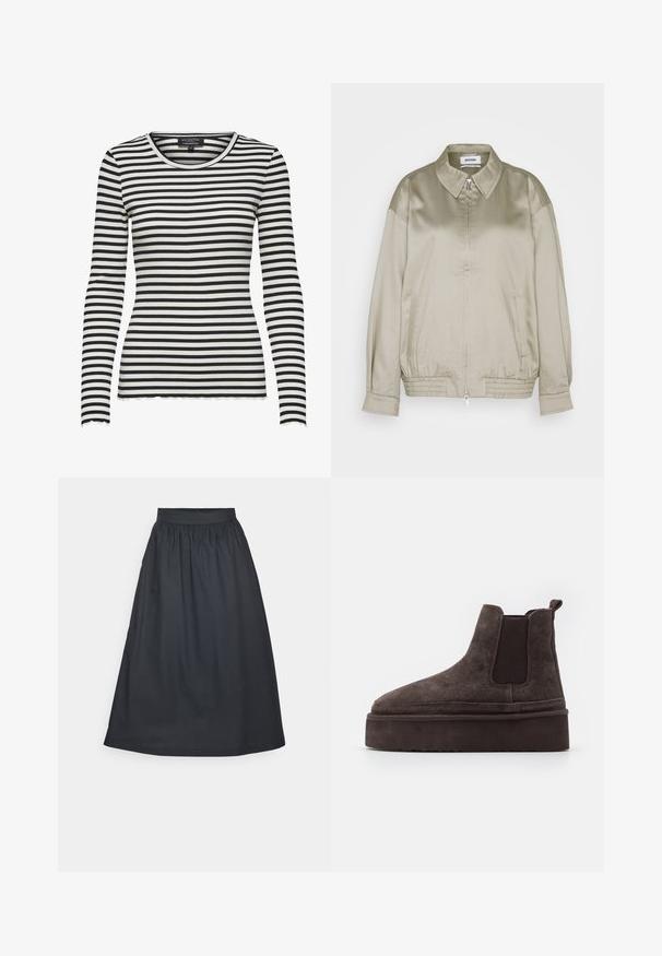 Weekday KLARA JACKET - Bomberjakke - mole dusty light; Langærmet sort og hvidt vandret stribet ribbet skjorte med rund halsudskæring og bølgede kanter på ærmer og kant.; Sort midi-nederdel med elastisk taljebånd, lavet af let stof, med en rynket design og glat tekstur.; Brune ruskinds Chelsea støvler med elastiske sidepaneler og en tyk, struktureret platåsål. Har en strop bagpå til nem påtagning.