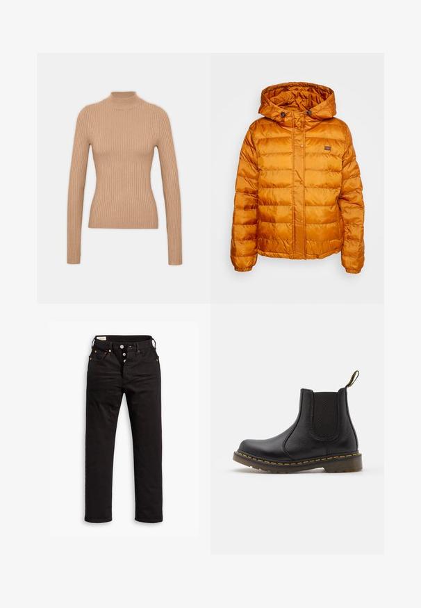 Veste rembourrée orange avec capuche, fabriquée en matériau brillant et matelassé. Elle possède une fermeture à boutons-pression et un petit logo sur la poitrine.; Pull à col roulé beige à côtes, avec des manches longues, un design cintré, une texture douce et un col haut.; Jean noir à jambe droite avec fermeture à boutons, poches avant et arrière, et détails en rivets cuivrés sur fond blanc.; Bottines Chelsea en cuir noir avec des panneaux élastiques sur les côtés, bout arrondi, couture jaune, semelle en caoutchouc et une languette à l'arrière pour faciliter l'enfilage.