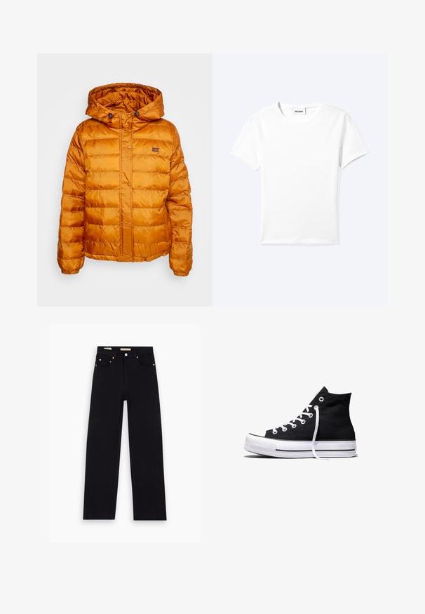 Veste rembourrée orange avec capuche, fabriquée en matériau brillant et matelassé. Elle possède une fermeture à boutons-pression et un petit logo sur la poitrine.; T-shirt blanc uni à manches courtes et col rond avec une petite étiquette "WEEKDAY" à l'intérieur de l'encolure, présenté à plat sur un fond clair.; Jean en denim noir avec une coupe droite, cinq poches, matériel en cuivre et texture lisse. Deux étiquettes visibles sur la taille.; Baskets montantes en toile noire avec semelle en caoutchouc blanche et lacets blancs, vues de côté sur un fond blanc.