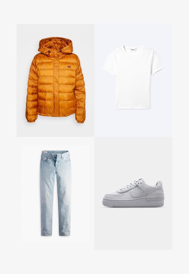 Chaqueta de abrigo naranja con capucha, hecha de material brillante y acolchado. Cuenta con cierre de botones a presión y un pequeño logo en el pecho.; Camiseta blanca lisa de manga corta con cuello redondo y una pequeña etiqueta "WEEKDAY" dentro del cuello, mostrada extendida sobre un fondo claro.; Jeans de mezclilla azul claro con diseño de pierna recta, cinco bolsillos y cierres de botones metálicos en una pretina estándar.; Zapatilla Nike Air Force 1 gris con puntera perforada, parte superior de cuero suave, suela gruesa y detalle en relieve 'AIR' en el talón.