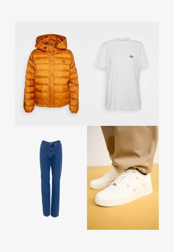Chaqueta de abrigo naranja con capucha, hecha de material brillante y acolchado. Cuenta con cierre de botones a presión y un pequeño logo en el pecho.; Camiseta de algodón blanca con cuello redondo y mangas cortas, que presenta un pequeño logotipo colorido de "Diesel" bordado en el pecho.; Jeans de mezclilla azul de tiro alto con pierna recta, cinco bolsillos y cierre de botón de metal. Presentan un patrón de costura clásico y sin desgastes.; Zapatillas de piel blanca con puntera perforada, acentos dorados y cordones planos, combinadas con pantalones beige sobre una superficie amarilla texturizada.