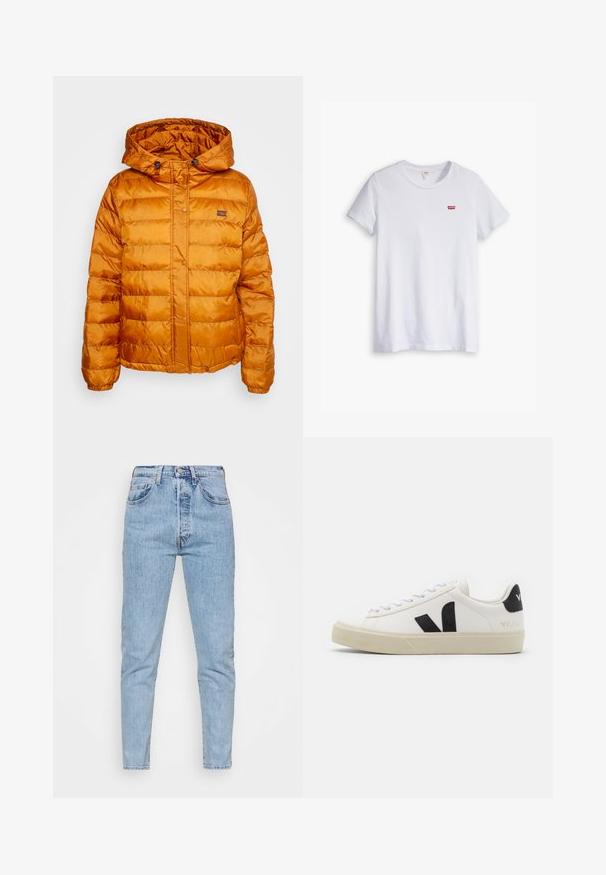 Orange pufferveste med hætte, fremstillet af skinnende, quiltet materiale. Har trykknaplukning og et lille logo på brystet.; Hvid bomulds t-shirt med korte ærmer og rund halsudskæring. Har et lille rødt Levi's-logo på venstre brystområde.; Lysblå denim jeans med høj talje, tætsiddende pasform, forlommer og lynlås. Stoffet har en let falmet tekstur.; Hvide lædersneakers med sort gummiv V-logo. Tekstureret off-white sål, hvide snørebånd og bagside med brandnavn i sort.