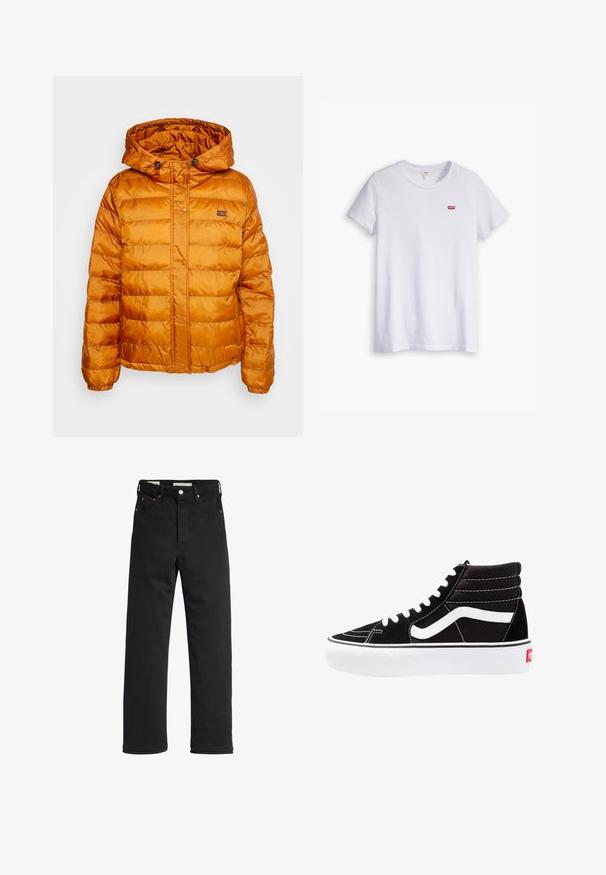 Orangene Daunenjacke mit Kapuze, aus glänzendem, gesteppetem Material. Mit Druckknopfverschluss und kleinem Logo auf der Brust.; Weißes Baumwoll-T-Shirt mit kurzen Ärmeln und rundem Ausschnitt. Besitzt ein kleines rotes Levi's-Logo auf der linken Brustseite.; Schwarze Denim-Jeans mit geradem Bein, hoher Taille, fünf Taschen, Metallknopfverschluss und minimalen Stitching-Details.; Schwarze High-Top-Sneaker mit weißen Schnürsenkeln, einem weißen Logo und kontrastierendem weißen Nähten. Verfügt über eine dicke weiße Sohle und ein strukturiertes Wildleder-Obermaterial.