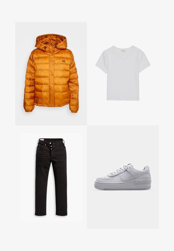 Orange pufferveste med hætte, fremstillet af skinnende, quiltet materiale. Har trykknaplukning og et lille logo på brystet.; Hvid kortærmet V-hals t-shirt lavet af ribbet stof. Har et rent design med en lige kant og minimal detaljer.; Sorte lige jeans med knaplukning, front- og baglommer samt kobbernitte detaljer på en hvid baggrund.; Grå Nike Air Force 1 sneakers med perforeret tå, glat læderoverdel, tyk sål og præget 'AIR' detalje på hælen.