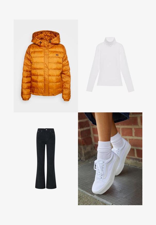 Orangene Daunenjacke mit Kapuze, aus glänzendem, gesteppetem Material. Mit Druckknopfverschluss und kleinem Logo auf der Brust.; Weißes Langarm-Turtleneck-Oberteil aus glattem, elastischem Stoff. Mit hohem Kragen und tailliertem Schnitt, ohne sichtbare Muster oder Verzierungen.; Schwarze Corduroy-Bootcut-Hosen mit Knopf- und Reißverschluss, ausgestattet mit zwei vorderen Taschen und einer glatten Textur. Gerade Beinoptik.; Weiße Leinensneaker mit Gummisohlen, ausgestattet mit sechs Ösen, runder Zehenpartie und dezenten Nähten, kombiniert mit weißen Knöchelsocken.