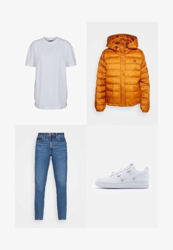 Oranje pufferjack met een capuchon, gemaakt van glanzend, gewatteerd materiaal. Voorzien van een drukknopen sluiting en een klein logo op de borst.; Effen wit T-shirt met korte mouwen en ronde hals, met een rechte zoom en een klein zichtbaar merklabel binnenin de kraag.; Blauwe denim jeans met een slim fit, met een hoge taille, vijf-pocket ontwerp en subtiele vervagingen door de stof. Klassieke stikselaccenten.; Nike Sportswear AIR FORCE 1 - Sneakers laag - white/hyper royal/black