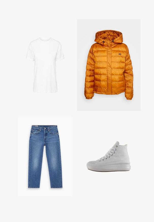 Veste rembourrée orange avec capuche, fabriquée en matériau brillant et matelassé. Elle possède une fermeture à boutons-pression et un petit logo sur la poitrine.; T-shirt en coton blanc avec des manches courtes, un col rond et une coupe décontractée, offrant une texture lisse et sans motifs visibles.; Jean droit taille haute bleu avec bouton avant, fermeture éclair et design à cinq poches, présenté à plat sur un fond blanc.; Baskets montantes en toile blanche avec lacets blancs, œillets métalliques, semelle épaisse en caoutchouc et bout texturé, orientées vers la gauche sur fond blanc.