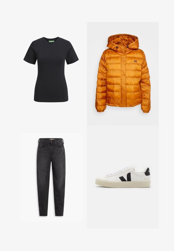 Orange pufferveste med hætte, fremstillet af skinnende, quiltet materiale. Har trykknaplukning og et lille logo på brystet.; Sort kortærmet t-shirt med rund halsudskæring, lavet af glat bomuldsstof, der har en slim fit og ingen synlige mønstre eller detaljer.; Sorte højtaljede slim-fit jeans med for- og baglommer, knaplukning og bæltestropper, præsenteret på en hvid baggrund.; Hvide lædersneakers med sort gummiv V-logo. Tekstureret off-white sål, hvide snørebånd og bagside med brandnavn i sort.