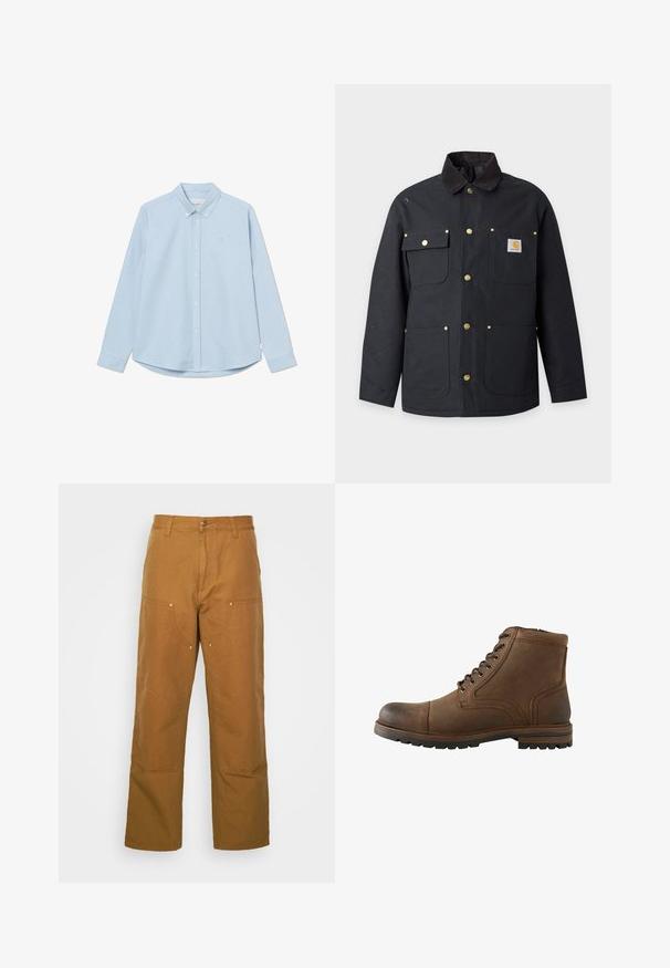 Schwarze Jacke mit Knöpfen, vier Fronttaschen, braunem Kragen, Messing-Druckknöpfen und kleinem Carhartt-Logo-Patch auf der oberen rechten Tasche.; Himmelblaues langärmliges Button-up-Hemd mit spitzem Kragen, einem einzelnen Brustlogo und abgerundetem Saum. Hergestellt aus glattem Gewebe mit schlichter Textur.; Braune Baumwoll-Arbeitshosen mit geradem Bein, die über Vordertaschen und Metallakzente für zusätzliche Strapazierfähigkeit verfügen.; Brauner Leder-Stiefel mit Schnürung vorne und robuster Sohle, geeignet für Freizeit- oder Outdoor-Einsätze.