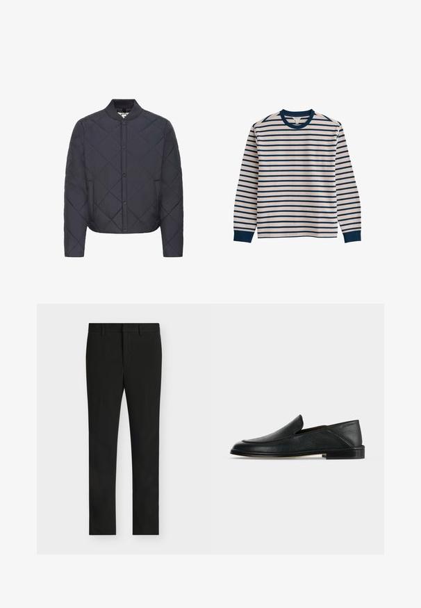 Veste bomber noire matelassée avec col côtelé, boutons-pression à l'avant et motif de coutures diagonal. Elle dispose de poches latérales et d'une texture lisse.; Chemise à manches longues à rayures horizontales blanc et bleu marine, col ras du cou bleu marine et poignets bleu marine sur fond blanc.; Pantalon noir slim fit avec passants de ceinture, fermeture éclair frontale et devant plat, présenté sur un fond gris clair.; Mocassin en cuir noir sans lacets avec petit talon et bout arrondi, présenté sur un fond blanc uni.