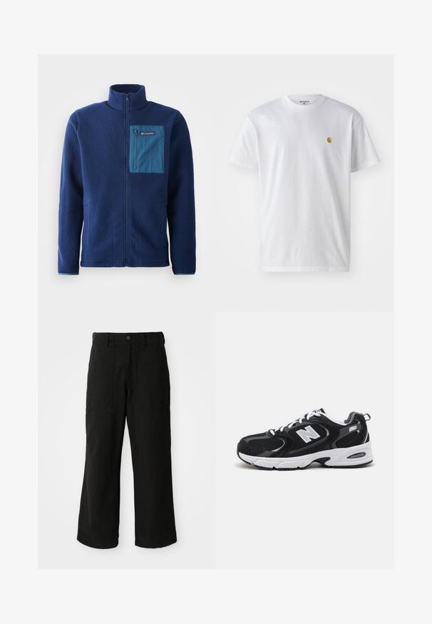 Chaqueta de forro polar azul marino con un alto cuello, que presenta un bolsillo en el pecho con cremallera de color azul en contraste y dos bolsillos laterales. Tela suave y texturizada.; Camiseta de algodón blanca con mangas cortas, cuello redondo, que presenta un pequeño logo dorado en la parte izquierda del pecho. Textura suave y corte regular.; Pantalones de pierna ancha en color negro, fabricados en un tejido suave, con bolsillos frontales y cierre de botón en la cintura. Diseño minimalista sin patrones visibles.; Zapatillas deportivas en negro y gris con parte superior de malla y ante, que cuentan con una entresuela blanca, cordones y un llamativo logo "N" en el lateral.