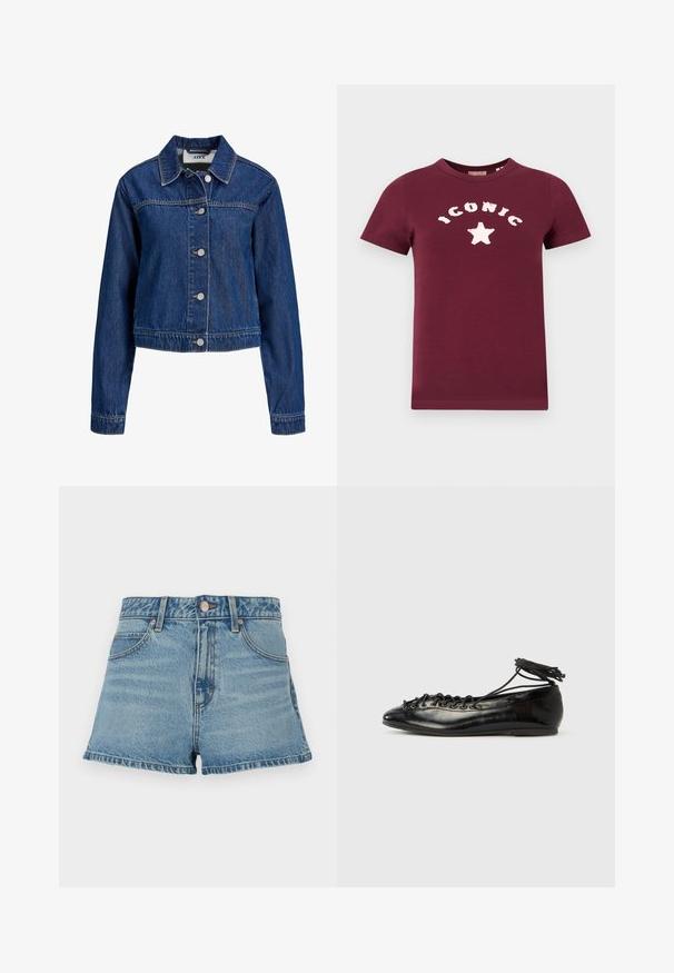 Veste en denim bleu à manches longues, fermeture à boutons sur le devant et col classique, présentée sur fond blanc.; T-shirt en coton bordeaux avec un texte blanc disant "ICONIC" et un design d'étoile à l'avant. Manches courtes et col rond.; Shorts en denim bleu clair avec taille haute, ourlet effiloché, surpiqûres contrastantes et poches avant. Comprend un bouton en métal et une étiquette de marque.; Ballerines en cuir verni noir avec un bout rond, un design à lacets et une semelle plate. Texture lisse avec peu de détails.