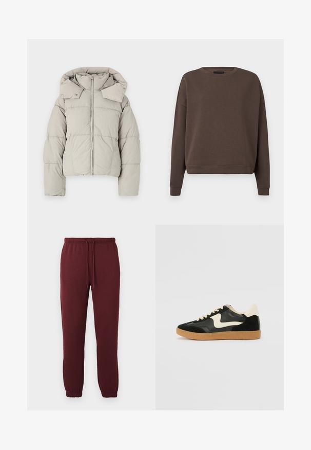 Lys grå cropped pufferjakke med høj krave, lynlåslukning, trykknapper og quiltet tekstur. Har brede ærmer og hætte.; Brun sweatshirt med rund halsudskæring, lange ærmer og ribbede manchetter. Fremstillet af blødt stof med en glat tekstur og en afslappet pasform.; Bordeaux joggingbukser med elastisk talje, snor, sidelommer og elastiske manchetter mod en ensfarvet hvid baggrund.; Sorte ruskinds- og lædersneakers med en cremefarvet side-swoosh og lys cremefarvet hæl. Har beige snørebånd og en gummirubber-sål.
