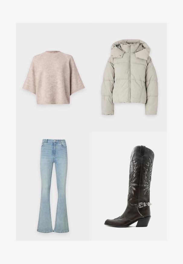 Veste courte en duvet gris clair avec un col haut, fermeture éclair, boutons-pression et texture matelassée. Dispose de manches larges et d'une capuche.; Pull en maille beige clair avec manches courtes larges et col rond haut, présenté sur un fond uni.; Jean évasé bleu clair en denim, avec taille haute, design classique à cinq poches et ourlets nets. Texture lisse, peu de détails.; Botte de cowboy en cuir noir avec découpes décoratives, boucle argentée et talon incliné, présentée sur fond blanc.