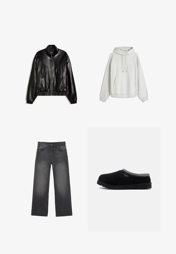 Veste bomber en similicuir noir avec fermeture éclair frontale, poignets et ourlet élastiques, et deux poches frontales inclinées.; Sweatshirt à capuche gris clair en tissu doux. Il dispose d'une poche avant, de cordons de serrage et de manches amples. Design simple et fonctionnel.; Jean noir délavé à jambes larges avec cinq poches, fermeture par bouton et passants pour ceinture, présenté sur un fond blanc.; Sabots en suède noir avec un bout arrondi, dotés d'un col en maille et d'une semelle en caoutchouc texturée. Affiche le logo UGG sur le côté.