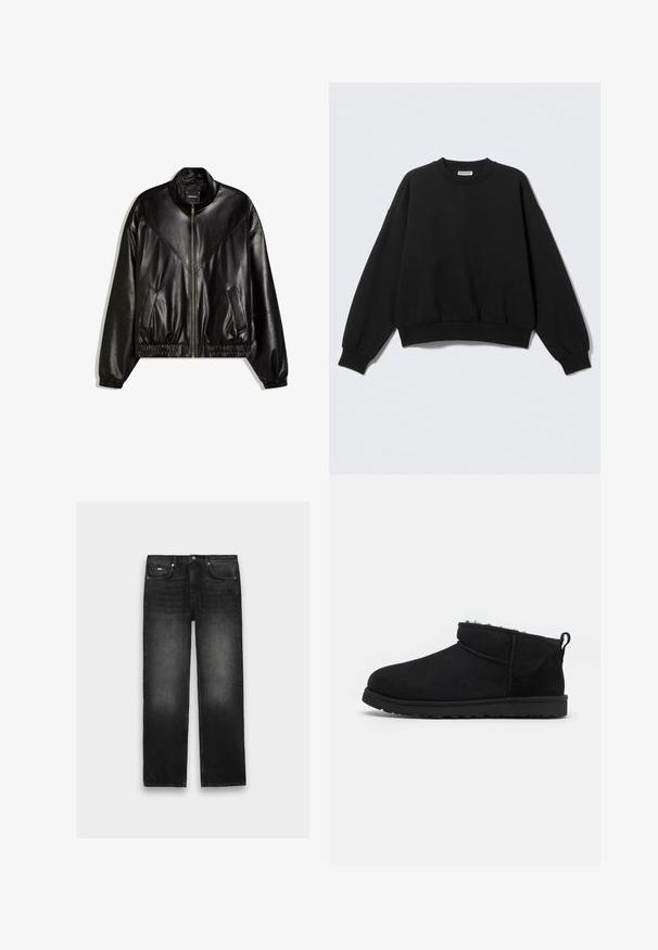 Veste bomber en similicuir noir avec fermeture éclair frontale, poignets et ourlet élastiques, et deux poches frontales inclinées.; Sweat-shirt noir à coupe décontractée, col rond et manches longues légèrement bouffantes. Confectionné dans un tissu doux avec des poignets et un ourlet côtelés.; Jean noir à jambes droites avec cinq poches, fermeture à boutons et légère décoloration sur les cuisses et les genoux, posé à plat sur un fond neutre.; Bottines noires en daim avec une doublure douce et texturée, une semelle en caoutchouc basse et une languette à l'arrière pour un enfilage facile.