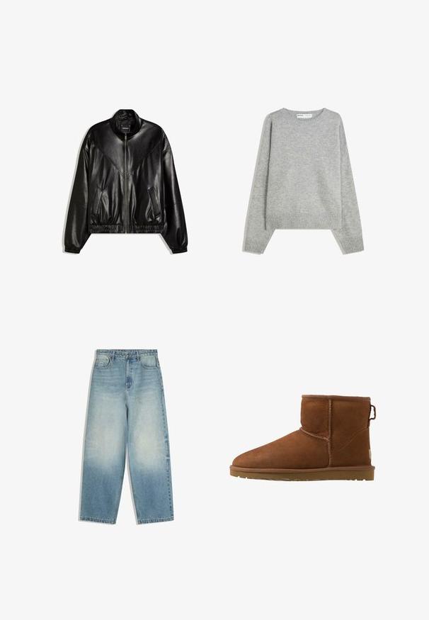 Veste bomber en similicuir noir avec fermeture éclair frontale, poignets et ourlet élastiques, et deux poches frontales inclinées.; Pull en tricot gris avec un col rond, des poignets et un ourlet côtelés, offrant une coupe décontractée et une texture douce.; Jean denim bleu clair à jambes larges avec poches avant, fermeture par bouton, et effet délavé sur les cuisses et les genoux.; Bottines en daim marron avec un bout arrondi, des accents cousus et une semelle en caoutchouc. Présente un tirette à l'arrière pour un enfilage facile.