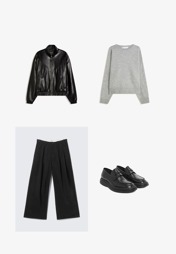 Veste bomber en similicuir noir avec fermeture éclair frontale, poignets et ourlet élastiques, et deux poches frontales inclinées.; Pull en tricot gris avec un col rond, des poignets et un ourlet côtelés, offrant une coupe décontractée et une texture douce.; Pantalon noir à jambes larges avec plis, passants pour ceinture et fermeture par bouton, présenté sur un fond gris clair.; Mocassins en cuir noir avec un bout arrondi, des coutures décoratives et une semelle en caoutchouc à plateforme. Présente une bandoulière décorative sur le devant.