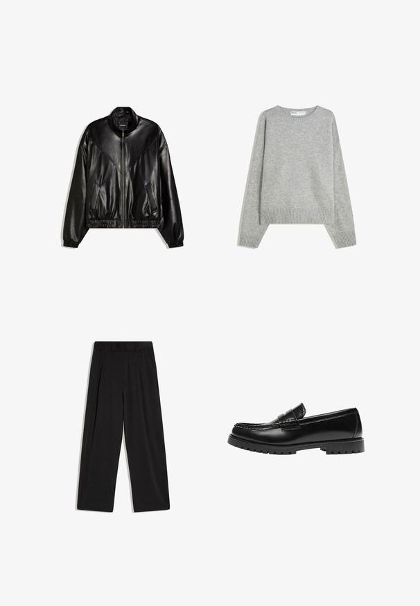 Veste bomber en similicuir noir avec fermeture éclair frontale, poignets et ourlet élastiques, et deux poches frontales inclinées.; Pull en tricot gris avec un col rond, des poignets et un ourlet côtelés, offrant une coupe décontractée et une texture douce.; Pantalon noir taille haute à jambes larges avec une ceinture élastique et sans poches visibles ni ornements.; Mocassin en cuir noir avec une semelle en caoutchouc épaisse et un détail classique de bride à monnaie, vu de côté extérieur.