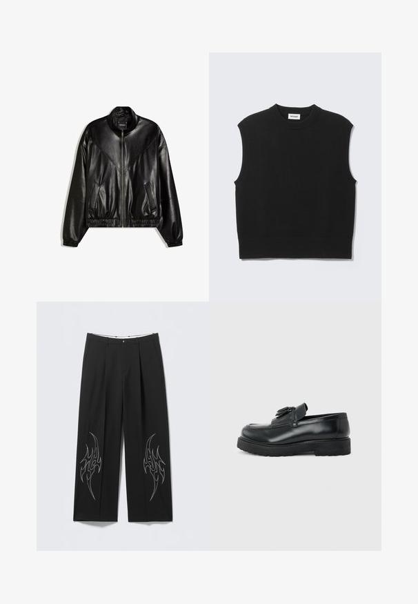 Veste bomber en similicuir noir avec fermeture éclair frontale, poignets et ourlet élastiques, et deux poches frontales inclinées.; Pull sans manches noir en tissu tricoté doux. Encolure ronde côtelée et ourlet côtelé. Design simple sans motifs ni accents supplémentaires.; Pantalon large noir sur mesure avec broderie argentée en forme de flammes sur les jambes inférieures, présentant un devant plat et un design plissé.; Mocassin en cuir noir avec pampilles, semelle épaisse en caoutchouc et talon bas, présenté de profil sur un fond uni.