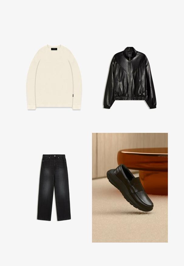 Veste bomber en similicuir noir avec fermeture éclair frontale, poignets et ourlet élastiques, et deux poches frontales inclinées.; Pull-over en tricot long en couleur écru avec un motif en maille texturé, col rond large et étiquette de marque sur la manche gauche.; Jean noir taille haute, coupe droite, avec poches avant, fermeture par boutons et détails légèrement délavés aux cuisses et aux genoux.; Mocassin en cuir noir avec une semelle épaisse, présenté au-dessus d'un tapis beige et près d'une base de table ronde couleur ambre.