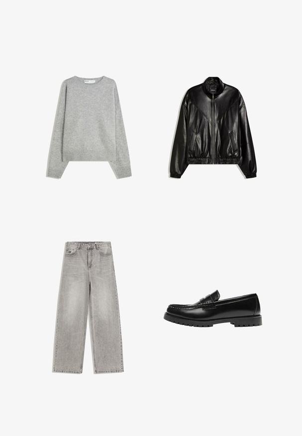 Veste bomber en similicuir noir avec fermeture éclair frontale, poignets et ourlet élastiques, et deux poches frontales inclinées.; Pull en tricot gris avec un col rond, des poignets et un ourlet côtelés, offrant une coupe décontractée et une texture douce.; Jean gris à jambes larges avec taille haute, bouton avant, passants de ceinture et deux poches avant sur fond blanc.; Mocassin en cuir noir avec une semelle en caoutchouc épaisse et un détail classique de bride à monnaie, vu de côté extérieur.