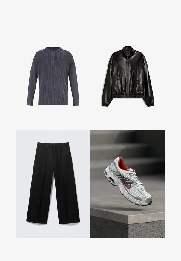 Veste bomber en similicuir noir avec fermeture éclair frontale, poignets et ourlet élastiques, et deux poches frontales inclinées.; Pull en tricot gris foncé avec une texture côtelée, grand col rond et épaules tombantes. Présente un motif de logo subtil sur le devant.; Pantalon large noir avec passants pour ceinture, poches avant et fermeture éclair, présenté sur un fond gris clair.; Chaussure de running Nike blanche et argentée avec des accents rouges flottant au-dessus d’un rebord en béton, mettant en valeur ses détails latéraux et de la semelle.
