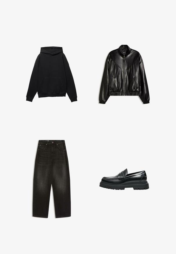 Veste bomber en similicuir noir avec fermeture éclair frontale, poignets et ourlet élastiques, et deux poches frontales inclinées.; Sweat à capuche noir en tissu doux avec une poche frontale, silhouette surdimensionnée et cordon de serrage. Caractéristiques des poignets et un ourlet côtelés.; Jean en denim noir à jambes larges, avec une taille haute, un design cinq poches, une fermeture à boutons à l'avant, et des détails de couture soignés.; Mocassin en cuir noir avec semelle épaisse à crampons et détail de bride penny, vu de profil sur fond blanc.