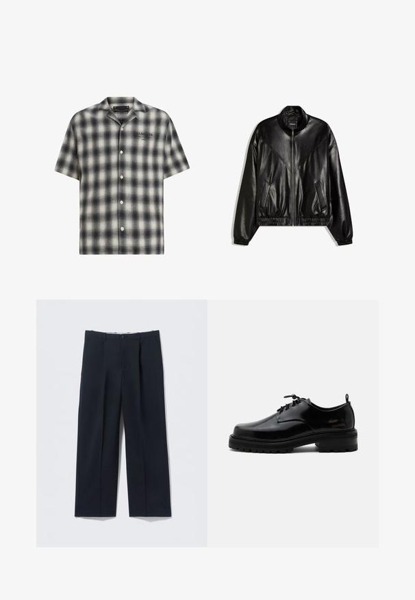 Veste bomber en similicuir noir avec fermeture éclair frontale, poignets et ourlet élastiques, et deux poches frontales inclinées.; Chemise à manches courtes à carreaux noirs et blancs, avec un devant boutonné. Présente une coupe décontractée, une texture douce et un logo de la marque sur la poitrine.; Pantalon bleu marine foncé en tissu lisse, avec une coupe ajustée, deux poches avant et une fermeture par bouton.; Chaussure en cuir noir poli à lacets, semelle en caoutchouc épaisse et talon bas, texte de marque "SAMSOE" sur le côté et languette arrière.