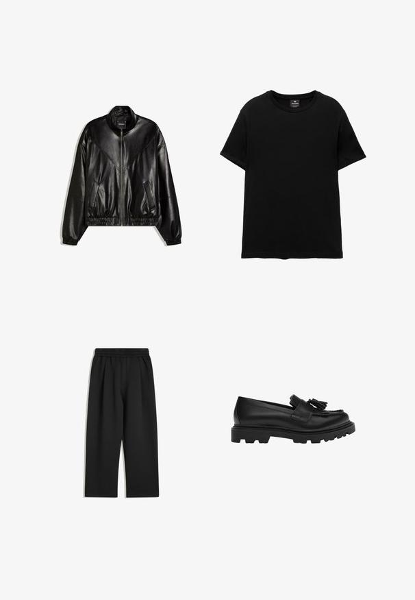 Veste bomber en similicuir noir avec fermeture éclair frontale, poignets et ourlet élastiques, et deux poches frontales inclinées.; T-shirt noir à manches courtes avec col rond, étiquette Pull&Bear à l’intérieur du col, posé à plat sur un fond blanc.; Pantalons larges noirs avec taille élastique et poches latérales, présentés à plat sur un fond blanc.; Mocassins en cuir noir avec une semelle en caoutchouc épaisse, présentant un gland décoratif et un design tressé sur le panneau avant.