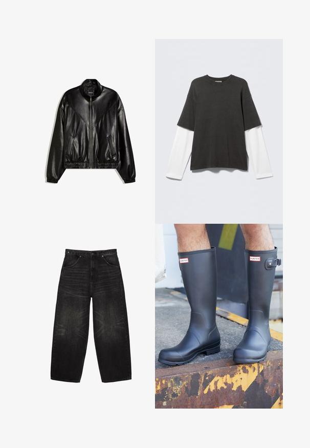 Veste bomber en similicuir noir avec fermeture éclair frontale, poignets et ourlet élastiques, et deux poches frontales inclinées.; T-shirt noir à manches courtes superposé à une chemise blanche à manches longues, présenté sur un fond clair uni.; Jean en denim noir à jambes larges avec poches avant, passants de ceinture et détails subtils délavés sur les cuisses et les genoux.; Personne portant des bottes de pluie Hunter noires se tenant sur un bord métallique rouillé avec des marquages jaunes et noirs de précaution.